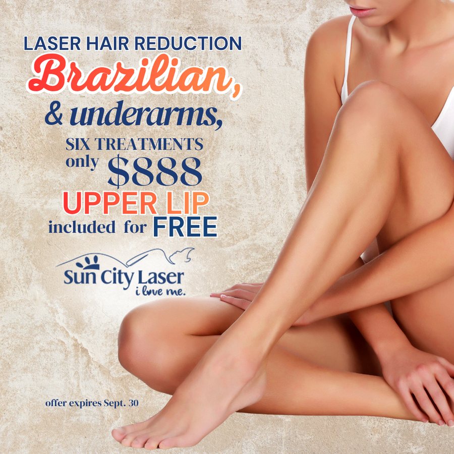 Laser hair reduction, Brazilian and underarms, six treatments only $888, upper lip included for free. Offer expires Sept. 30.