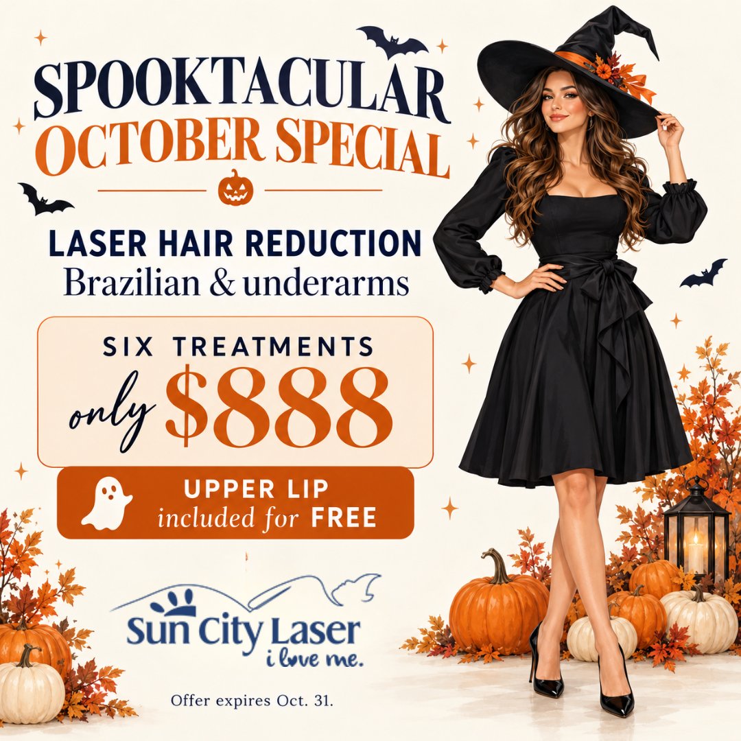 Laser hair reduction, Brazilian and underarms, six treatments only $888, upper lip included for free. Offer expires Oct. 31.