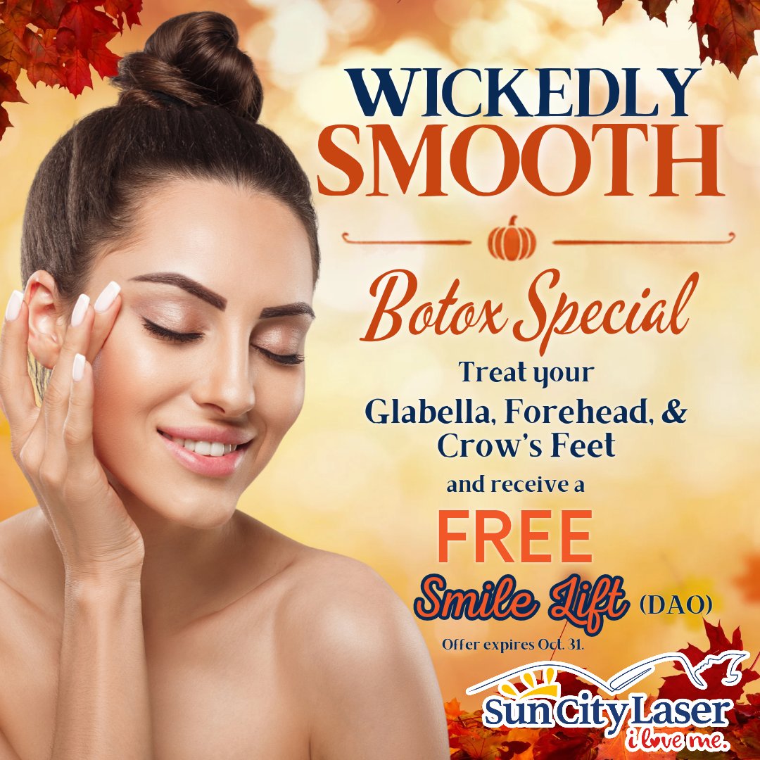 Wickedly smooth Botox special: treat your glabella, forehead and crow’s feet and receive a free Smile Lift (DAO). Offer expires Oct. 31.