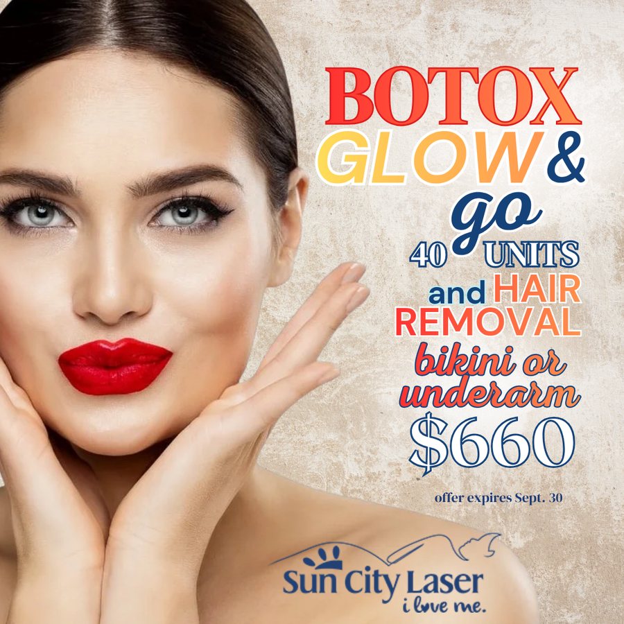 BOTOX Glow and Go: 40 units and hair removal, bikini or underarm, $660. Offer expires Sept. 30.